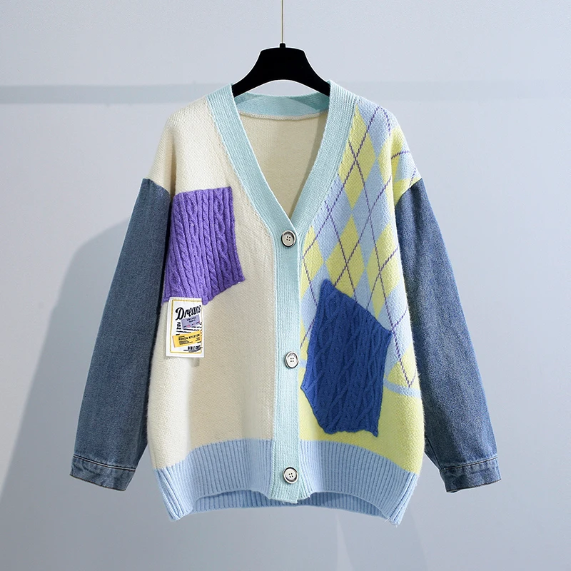 

Vintage Knitted Cardigan Sweater Women Patchwork Knitted Denim Coat V Neck Long Sleeve Knitwear Casual Loose Outwear Female Tops