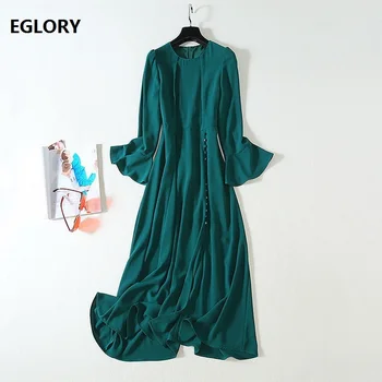 

High Quality New Celebrity Inspired Women's Dress 2019 Autumn O-Neck Tunic Buttons Up Split Sexy Flare Sleeve Midi Green Dress