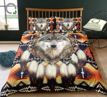 

BOMCOM Digital Printing Bedding Set Dreamcatcher Wolf Head Feather Boho Aztec Pattern Duvet Cover 100% Microfiber