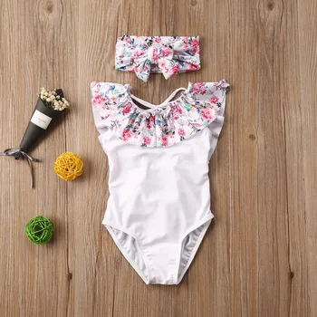 

1-6 Years Summer Girls Flower Print One Piece Bikini Backless Beach Headband Ruffle Sleeves