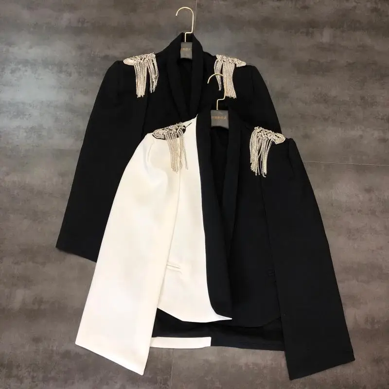 

2019 autumn new epaulettes rhinestone fringed shawl cloak suit jacket female tide