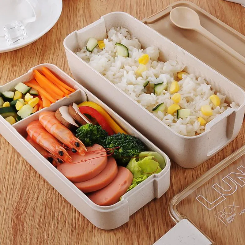 2 слоя японской еды контейнер для хранения пшеничной соломы Bento Ланч-бокс для школьников Дети Герметичная микроволновая посуда Ланч-бокс