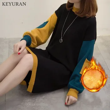 

2020 Winter Plus Thick Velvet knit sweater Dress Bottoming Velvet lining Thick Warm Color Block Pullover Sweater Female Oversize