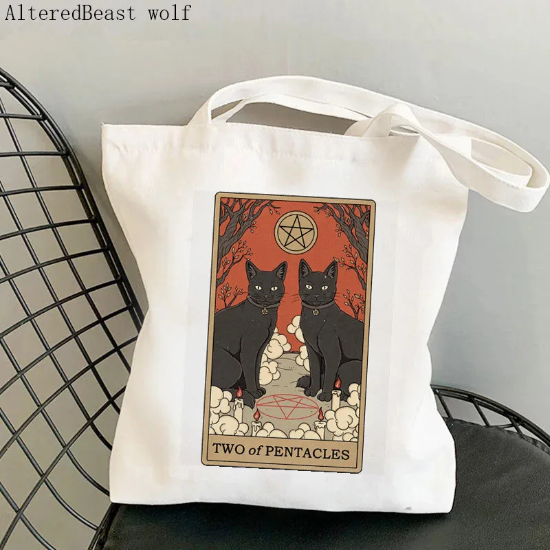 Women Shopper bag Three of Cups cat Tarot Printed Bag Harajuku Shopping Canvas Shopper Bag girl handbag Tote Shoulder Lady Bag