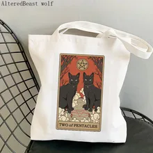 

Women Shopper bag Two of Pentacles cat Tarot Bag Harajuku Shopping Canvas Shopper Bag girl handbag Tote Shoulder Lady Bag