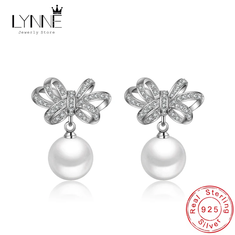 

New Fashion Rosette Rhinestone Drop Earrings 925 Sterling Silver Bowknot Pearl Pendant Earring Charm Ear Stud Women Jewelry Gift