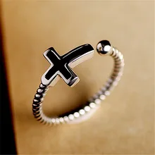 Винтажное уникальное черное виниловое кольцо в форме Креста, тайское серебряное Открытое кольцо, 925 пробы серебряные ювелирные украшения для мужчин и женщин, S-R59
