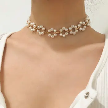 

Simple Geometric Pearl Necklace Bracelet Temperament Beaded Flower Jewelry Set Female
