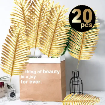 

Behogar 20pcs Artificial Golden Tropical Palm Leaves for DIY Home Wedding Birthday Hawaiian Luau Party Decorations 51cm
