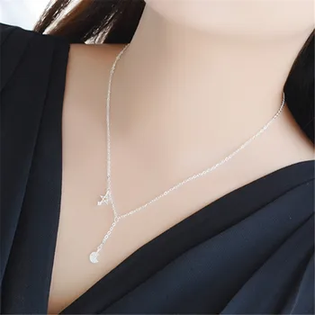 Real 925 Sterling Silver Crystal Star Moon Long Charm Pendant Choker Necklace For Girl Women Statement Wedding Party Jewelry