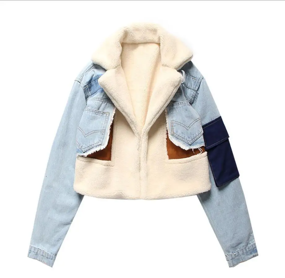

Deerskin denim patchwork jacket 19 winter coat new style of motorcycle jacket with thickened inner liner for women