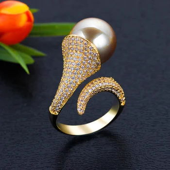 

2020 Trendy Pearl Rings Statement for Women Cubic Zircon Finger Rings Beads Charm Bohemian Beach Jewelry Adjustable Ring