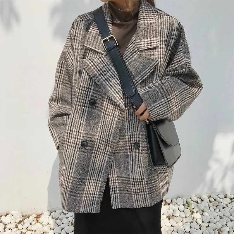 Lattice Woolen tops Suit collar coat Autumn New 4XL Double-breasted elegant Womens coats Large size Youth clothing trend