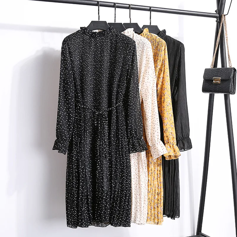 

Hot Fashion Women Dress Autumn 2019 New Korean Stand Collar Long Sleeve Floral Dress Elegant Sweet Party Print Pleated Dresses
