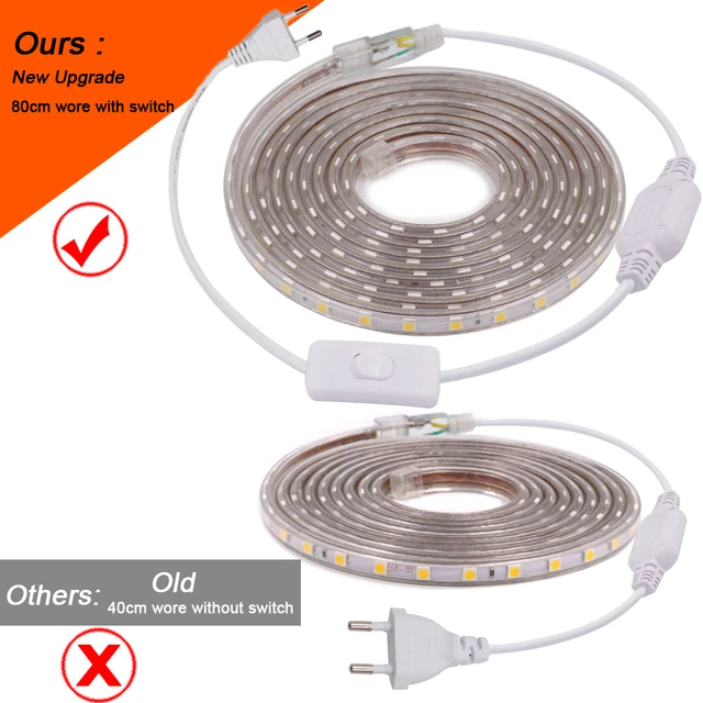 Ahorraluz Tira Led de 220v 5050 IMPERMEABLE Blanco Frío o Cálido Waterproof  IP67 strip (Blanco Frío, 1 Metro + Enchufe)