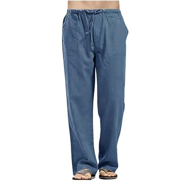 Summer Men Solid Color Linen Multi-pocket Straight Casual Pants Plus Large Size Breathable Comfortable Drawstring Loose Trousers Blue