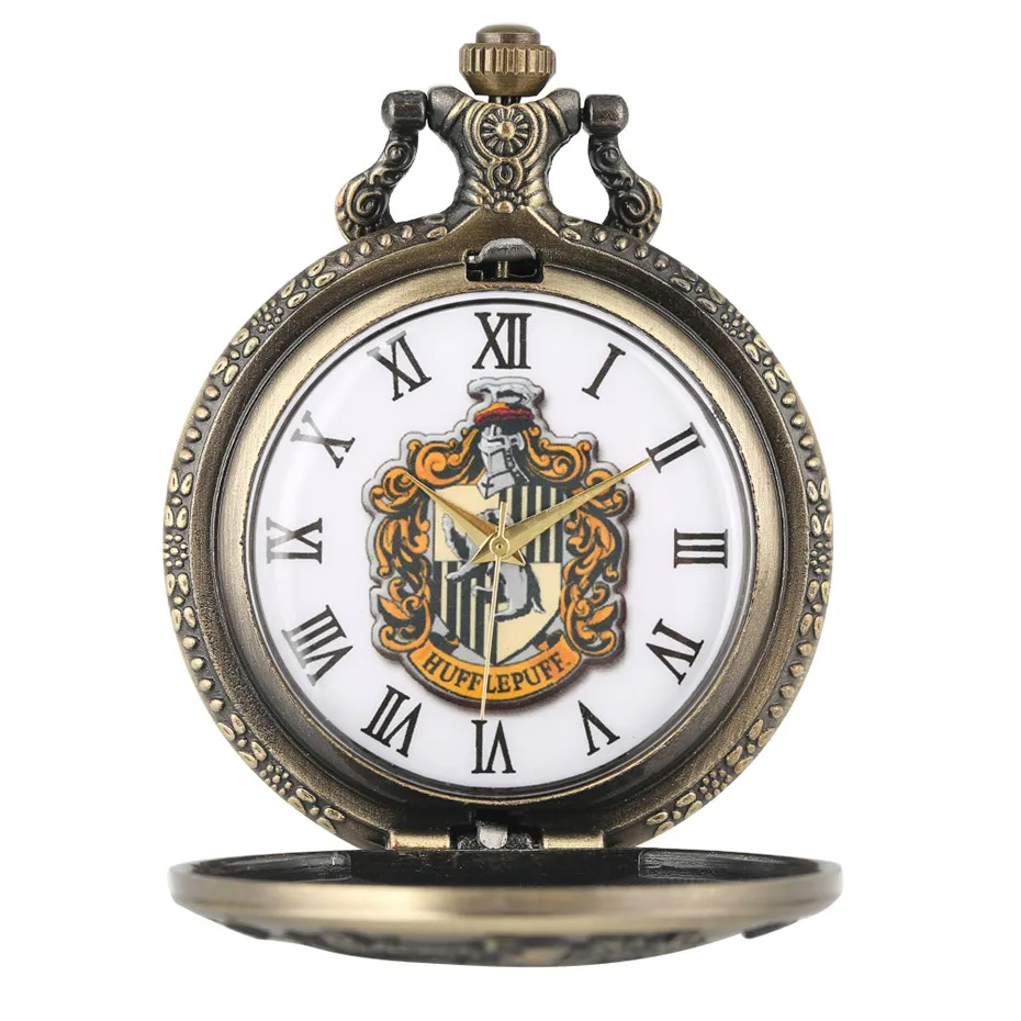 Античная бронза Hufflepuff тема кварцевые карманные часы крутые римские цифры дисплей круглый циферблат брелок ожерелье цепь