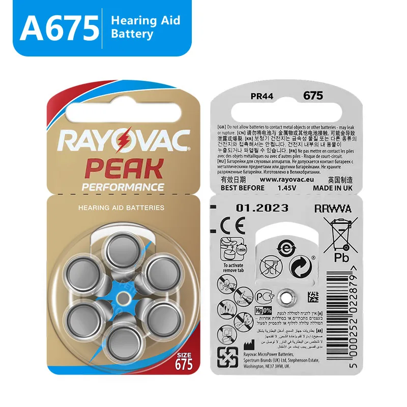 60 шт Новый цинк воздуха 1 45 V Rayovac пиковый слуховой аппарат батареи 675A A675 675 PR44