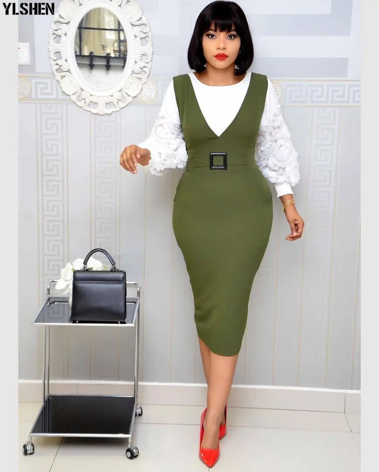 Army green Комплект из 2 предметов, Африканское платье, африканские платья для женщин, Дашики, африканская одежда, Базен, сетчатые Топы+ юбка на подтяжках, халат, африканская женская одежда - Цвет: Army green