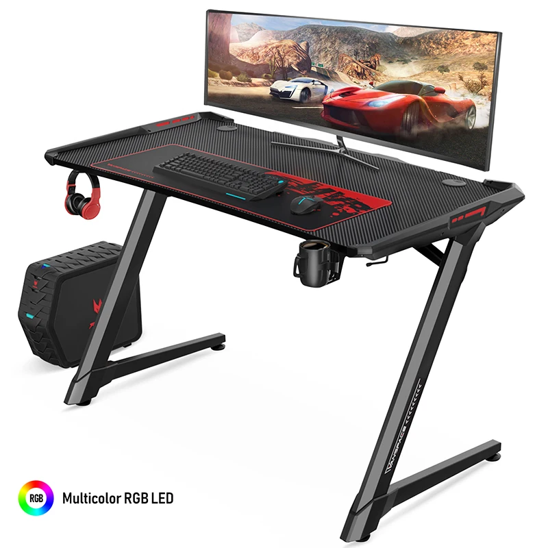 

47 Inch Z-Shape Ergonomic Gaming Desk with RGB LED Light E-sports Computer Table Desk Workstation with Headphone Rack &Mouse Pad