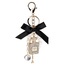 

Fashion Imitation Pearl Perfume Bottle Keychain Car Key Ring Holder Bag Charm Pendant Accessories Bow Keyfob Women Keyring