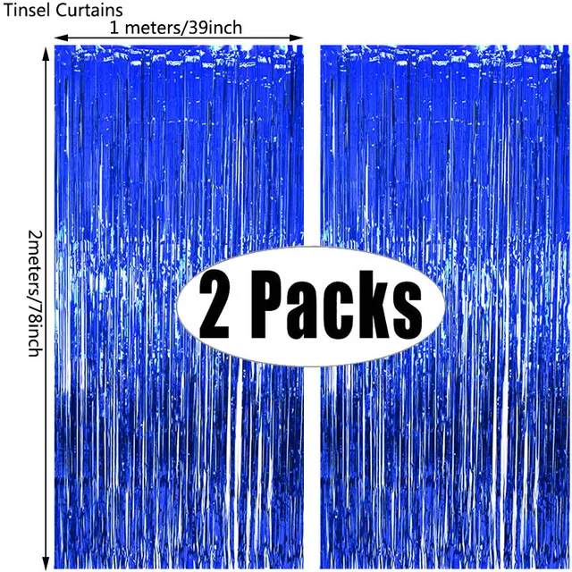 2Pack Party Backdrop Metallic Foil Fringe Tinsel Curtain Adult Kids Birthday Party Wedding Decoration Baby Shower Favor Supplies royal blue