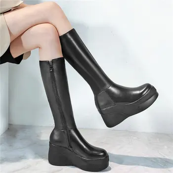 

Thigh High Chunky Platform Pumps Shoes Women Genuine Leather Wedges High Heel Motorcycle Boots Female Round Toe Fashion Sneakers