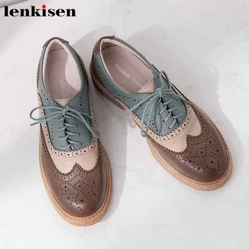 

Lenkisen new mixed colors British style genuine leather shoes round toe med heels lace up fashion autumn women lace up pumps L29