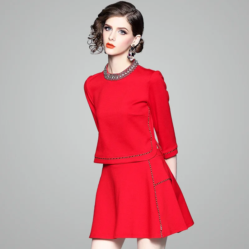 Осенний Новый стиль, женское платье-стиль, элегантный, приталенный, для похудения, изящный, в римском стиле, вырез, костюм с бисером, юбка 73655