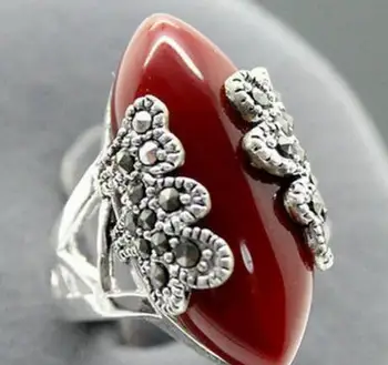 

Fashion jewelry Free Shipping wholesale Beautiful Marcasite 925 red Natural jade jewelry sterling silver ring size 7-10
