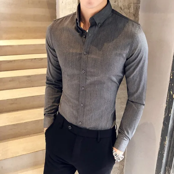 Рубашка в британском стиле, Мужская Осенняя официальная одежда, однотонные мужские рубашки с длинными рукавами, универсальная приталенная рубашка на каждый день, Мужская 3XL-M - Цвет: Серый