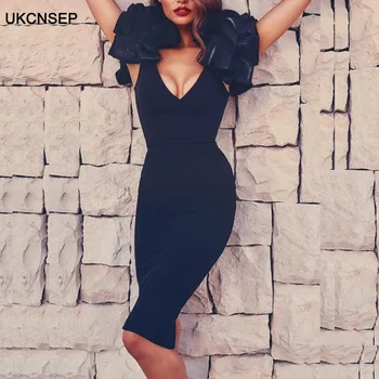 

UKCNSEP Women Dress 2020 New Arrival Black Deep V Ruffle Sexy Dress Bodycon Elegant Bandage Dress Celebrity Club Party Dress