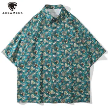 

Aolamegs Shirt Men Floral Plant Print Cotton Short Sleeve Shirts Japanese Vintage Loose Casual Fashion Bermuda Beach Summer Tops