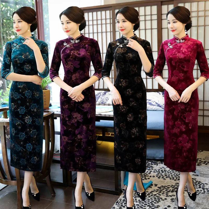 Элегантный тонкий Cheongsam женское традиционное Qipao осенне-зимнее велюровое вечернее платье Vestidos оверсайз M-4XL