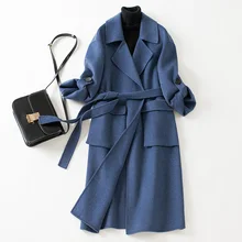 KMETRAM Autumn Winter Alpaca Coat Women Handmade Double-sided Cashmere Slim Long Jacket Ladies Vintage Blue Coats MY543