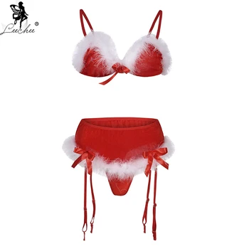 

Leechee Sexy Christmas Lingerie set 3pcs Wire Free Bra set Hot Red women's Underwear Three-point Suit Comfortable Bralette+Panty