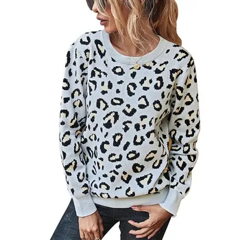 Image of Autumn winter Women's sweaters O-Neck Hollow out Loose knitted Jumpers long sleeve leopard sweater oversize ladies pullover tops