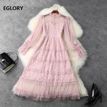 Robe en dentelle de haute qualité pour femmes, nouvelle collection printemps été 2021, douce robe de fête, femmes, faite à la main, perles, Sexy, Tulle, maille, Patchwork, Vintage, rose