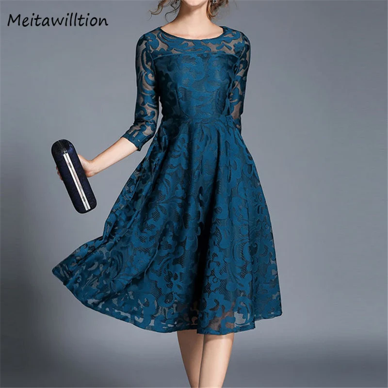 

Elegant Women Night Party Dresses Lady Lace Dress 2019 Casual 3/4 Sleeve O-Neck Midi Dress Plus Size Female Solid Vestidos