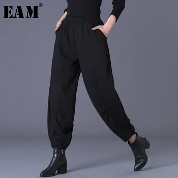 

[EAM] High Elastic Waist Black Leisure Long Harem Trousers New Loose Fit Pants Women Fashion Tide Spring Autumn 2020 1K779