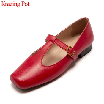 

Krazing Pot hot sale Mary janes red black genuine leather square toe low heel shoes women buckle strap daily wear pumps L0f1
