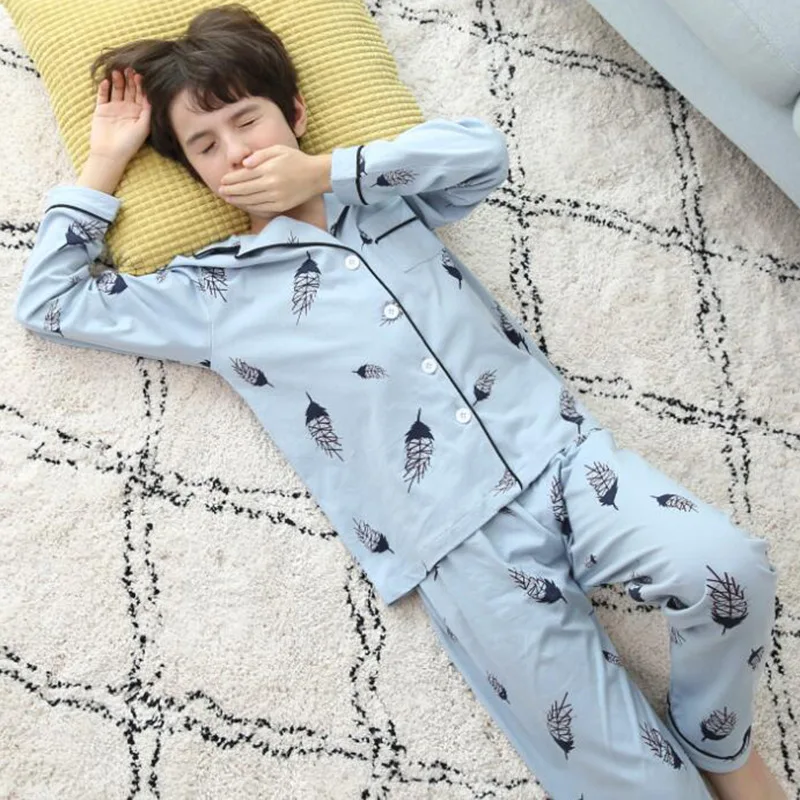 

CHILDREN'S Pajamas Thin Long Sleeve Spring And Autumn Pure Cotton BOY'S Summer Boy 10 Big Boy 12 Summer 15-Year-Old Set