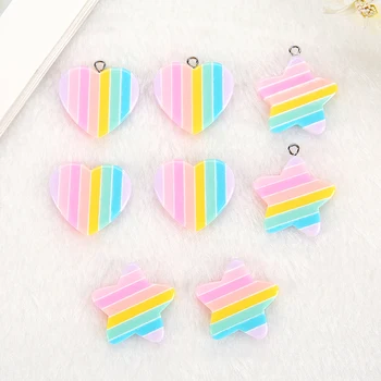 

10pcs Rainbow Charms Resin cabochons Flatback Colorful Striped Star Heart for DIY Jewelry Making Hair Accessories