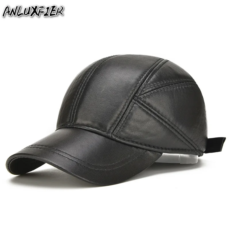 

B-7125 Male Natural Skin Leather Hat Cowhide Baseball Cap Adjustable Ear Protection Warm Sheepskin Hat Adjustable Size