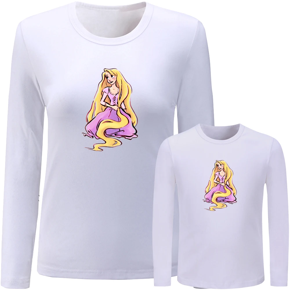 

Snow White Tangled Rapunzel Design Matching Family Outfits T-shirt Mom Daughter Long Sleeve Tee Women Girl Printed Tops Gift