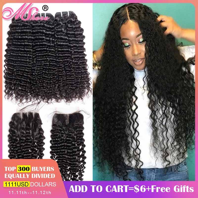 

Mshere 4PCS/LOT Peruvian Deep Curly Wave 3 Bundles With Closure Non Remy Hair Free Part Lace Closure With Human Hair Bundles 1B#