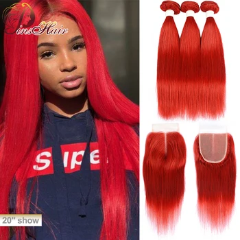 

Pinshair Red Human Hair Bundles with Closure 99J Burgundy Straight Peruvian Hair 3 Bundles with Closure Remy Hair 10-26 inches