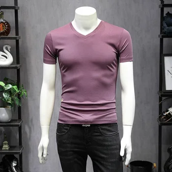 

2020 New Mercerized Cotton Short Sleeve Men's Solid Color V-neck Slim Bottoming Shirt On Clothes Trend Men's T-shirt