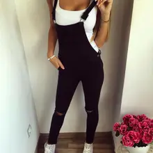 Женский джинсовый комбинезон на лямках длинный с потертостями