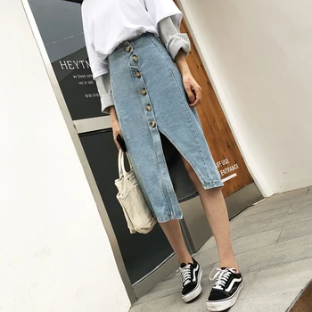 

Summer Vintage Front Button Jeans Skirt Women Basic High Waist Side Split Denim Skirt Female Irregular Mid-length Skirts 2020